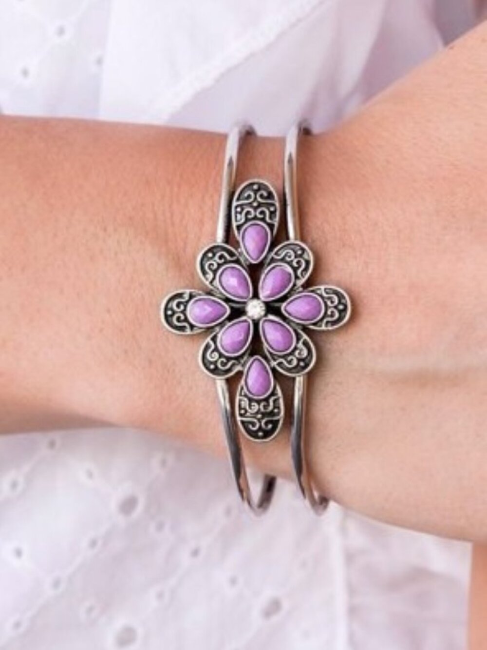 Purple and silver tone hinged cuff bracelet floral design - Go with the Florals